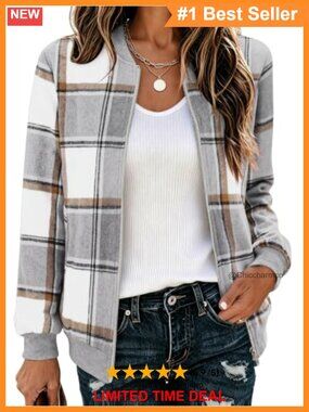 Plaid Flannel Bomber Jacket Zip Up Lightweight Casual Coat